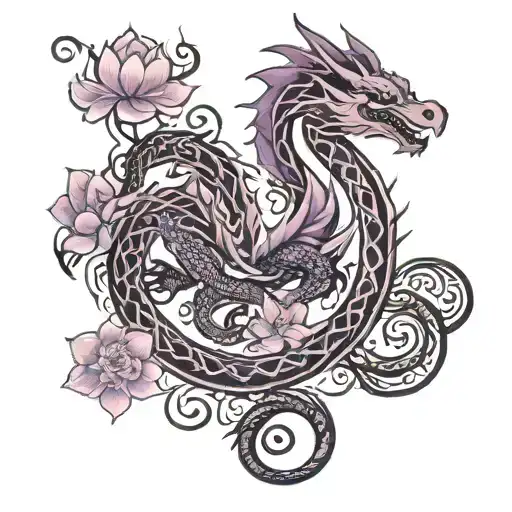 tribal dragon, purple lotus flower tattoo design idea