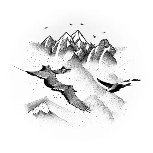 A majestic mountain range with a flock of birds flying above tattoo design idea