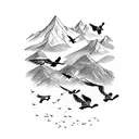 A majestic mountain range with a flock of birds flying above tattoo design idea