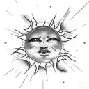 A sun peeking through dark clouds with birds in flight tattoo design idea