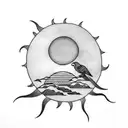 A sun peeking through dark clouds with birds in flight tattoo design idea