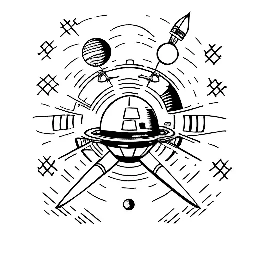 Simple black ink tattoo of a spaceship and a panet tattoo design idea