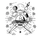 Simple black ink tattoo of a spaceship and a panet tattoo design idea