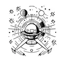 Simple black ink tattoo of a spaceship and a panet tattoo design idea