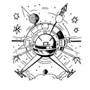 Simple black ink tattoo of a spaceship and a panet tattoo design idea