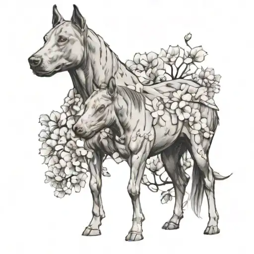 A detailed portrait of a pit bull and a horse standing side by side, framed by blooming dogwood trees tattoo design idea