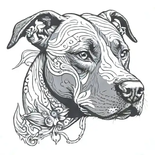 A pitbull with fish hook hearts for eyes tattoo design idea