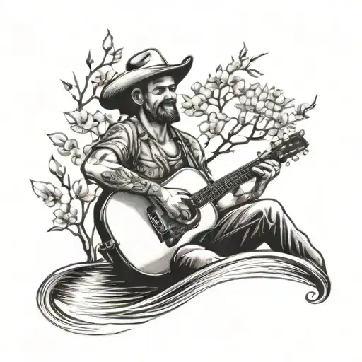 A realistic portrait of a country music singer playing a guitar on a fishing boat, with a dogwood tree growing out of the water tattoo design idea