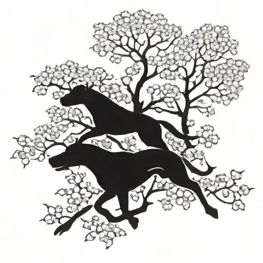 A stylized silhouette of a pit bull and a horse running together under a canopy of dogwood blossoms tattoo design idea