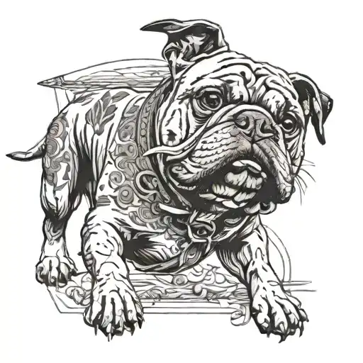 Incorporate a detailed blackwork design of a pit bulldog and a horse in a crafting-themed tattoo for a manager who loves helping dogs. tattoo design idea