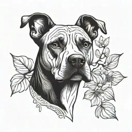 A stylized dogwood tree with delicate blackwork details intertwined with a portrait of a pitbull tattoo design idea