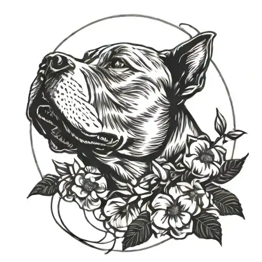 A silhouette of a pit bull howling at the moon with a guitar in its mouth, surrounded by fishing hooks and a dogwood tree in the background tattoo design idea