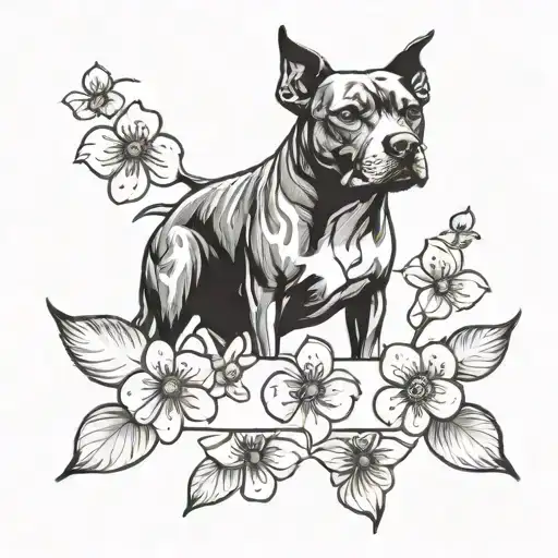 A pit bull surrounded by Dogwood flowers, with a banner that says 'Rescue Mom' tattoo design idea