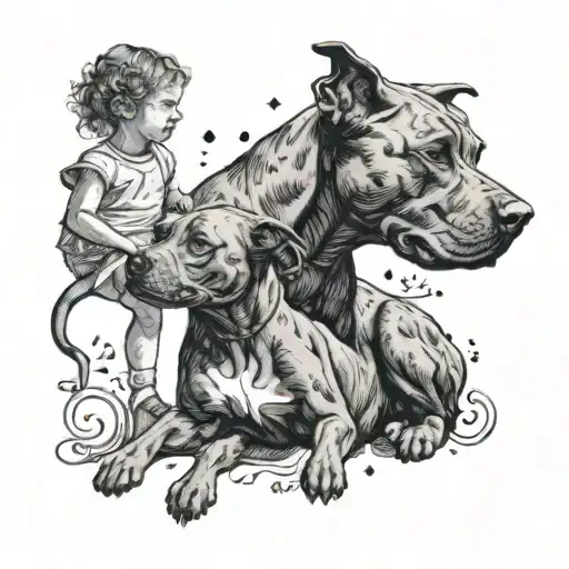 A silhouette of a mother and child playing with a pit bull, set against a backdrop of a country music scene tattoo design idea