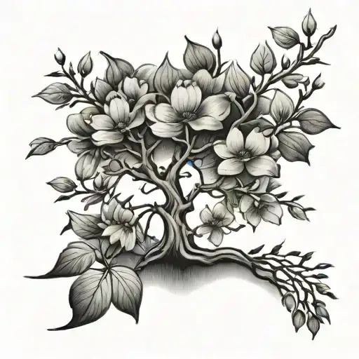 A Dogwood tree with paw prints as leaves, symbolizing the connection between nature and rescue dogs tattoo design idea