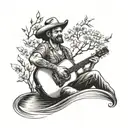 A realistic portrait of a country music singer playing a guitar on a fishing boat, with a dogwood tree growing out of the water tattoo design idea