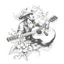 A realistic portrait of a country music singer playing a guitar on a fishing boat, with a dogwood tree growing out of the water tattoo design idea