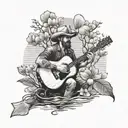 A realistic portrait of a country music singer playing a guitar on a fishing boat, with a dogwood tree growing out of the water tattoo design idea