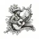 A realistic portrait of a country music singer playing a guitar on a fishing boat, with a dogwood tree growing out of the water tattoo design idea