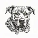 A realistic pitbull portrait with a small fish hook heart on its collar tattoo design idea