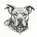 A realistic pitbull portrait with a small fish hook heart on its collar tattoo design idea
