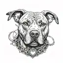 A realistic pitbull portrait with a small fish hook heart on its collar tattoo design idea