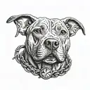 A realistic pitbull portrait with a small fish hook heart on its collar tattoo design idea