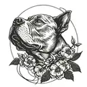 A silhouette of a pit bull howling at the moon with a guitar in its mouth, surrounded by fishing hooks and a dogwood tree in the background tattoo design idea
