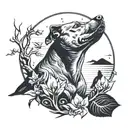 A silhouette of a pit bull howling at the moon with a guitar in its mouth, surrounded by fishing hooks and a dogwood tree in the background tattoo design idea