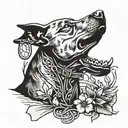 A silhouette of a pit bull howling at the moon with a guitar in its mouth, surrounded by fishing hooks and a dogwood tree in the background tattoo design idea