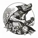 A silhouette of a pit bull howling at the moon with a guitar in its mouth, surrounded by fishing hooks and a dogwood tree in the background tattoo design idea