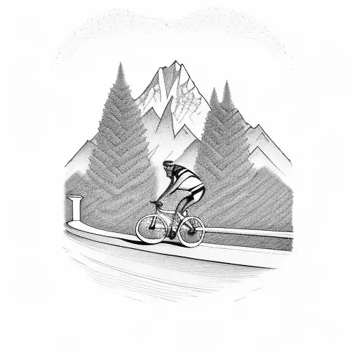 A cyclist riding across a bridge in a picturesque village with mountains in the background tattoo design idea