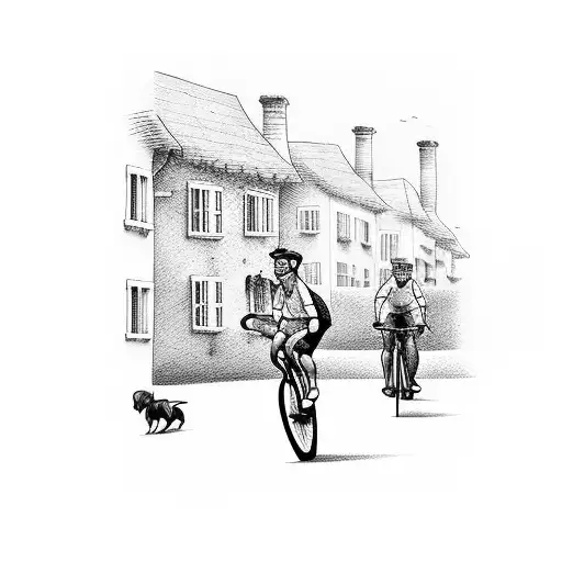 Cyclist riding through a village with dogs running alongside tattoo design idea