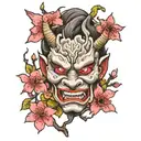 japanese oni mask and cherry blossom tree growing inside  tattoo design idea