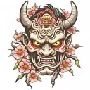 japanese oni mask and cherry blossom tree growing inside  tattoo design idea