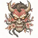 japanese oni mask and cherry blossom tree growing inside  tattoo design idea