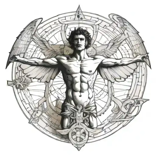 vitruvian man with dragon wings spread   tattoo design idea