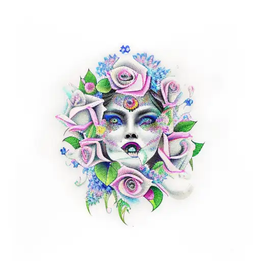 A unique new-school tattoo design featuring a surreal composition of roses intertwined with the name Isidora. The letter 'O' in Isidora should be replaced with a whimsical woman's eye surrounded by vibrant colors and exaggerated lashes. tattoo design idea