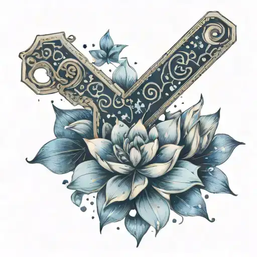 An abstract design featuring a constellation of stars forming the shape of a key with blue lotus petals scattered around tattoo design idea
