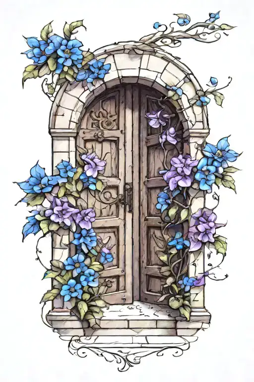 medieval doors with flowing blue and purple flowers. doors open to garden. flowers peek over shoulder tattoo design idea