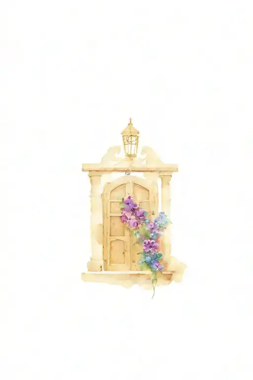 blue and purple flowers over medieval double open doors tattoo design idea