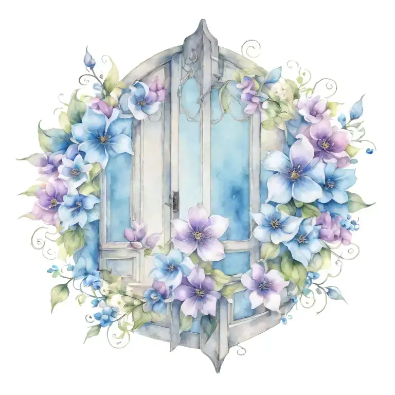 medieval open doors with blue and purple flowers  tattoo design idea