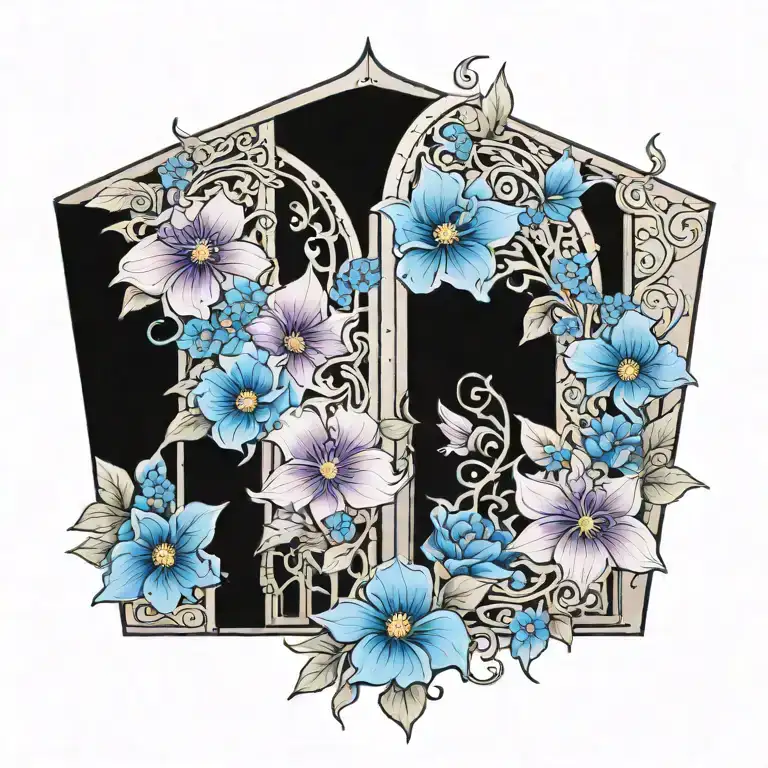 medieval open doors with blue and purple flowers  tattoo design idea