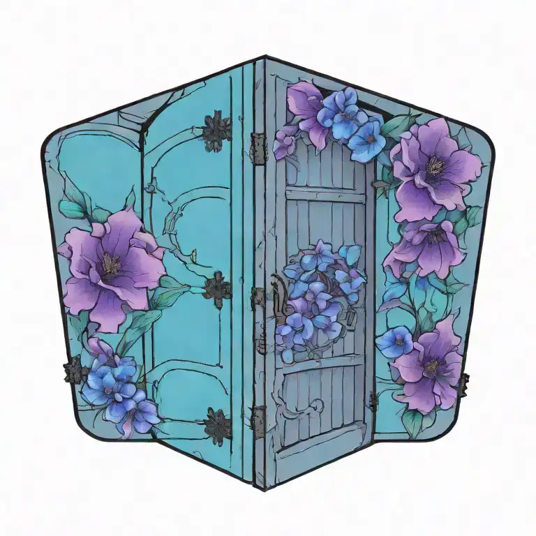 medieval open doors with blue and purple flowers  tattoo design idea