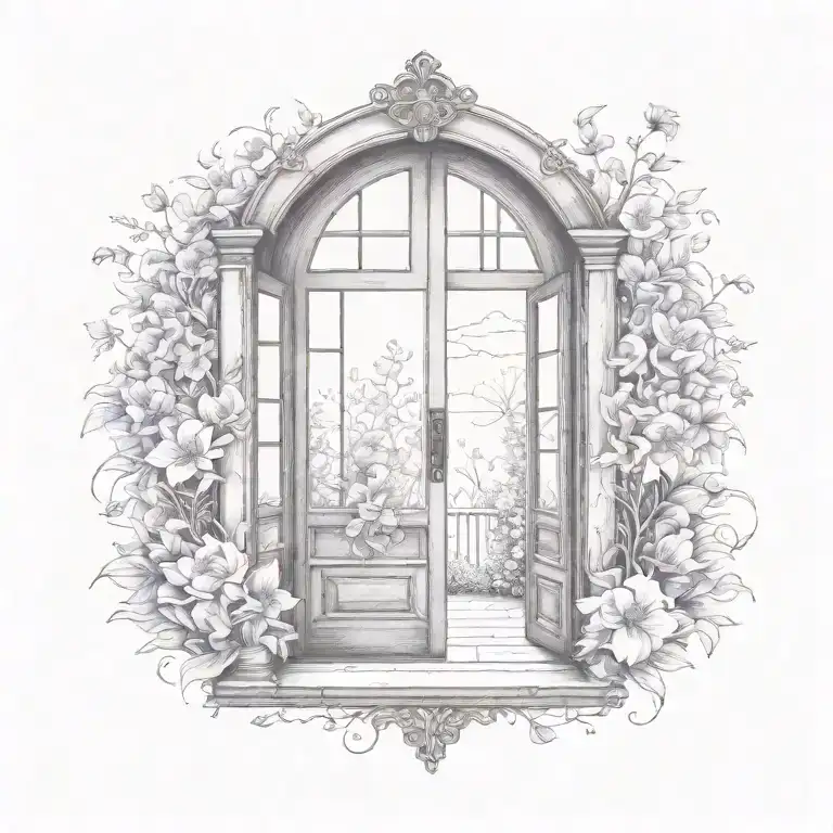open doors leading to flower garden blue and purple flowers tattoo design idea