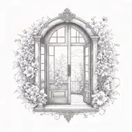 open doors leading to flower garden blue and purple flowers tattoo design idea