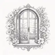 open doors leading to flower garden blue and purple flowers tattoo design idea