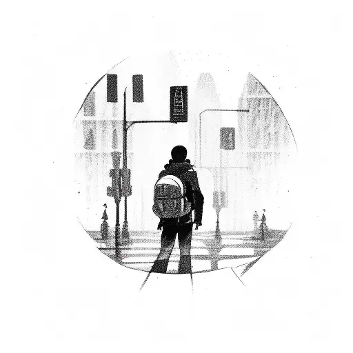 A silhouette of a lone traveler with a backpack exploring a bustling city street tattoo design idea