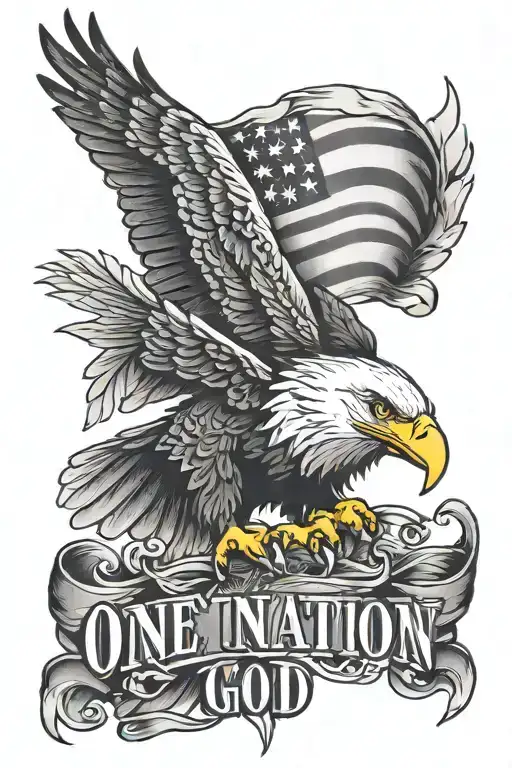 patriotic eagle with American flag forwards with the phrase "one nation under God" tattoo design idea