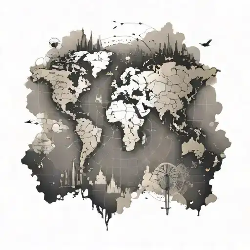 An intricate map of the world with various landmarks representing memorable adventures tattoo design idea